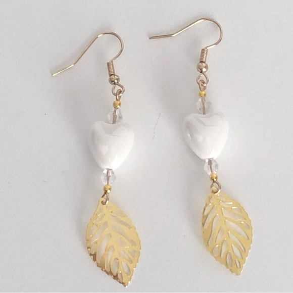 New White Ceramic Heart Glass Crystal Beaded Dangling Earrings Handmade Unique - Picture 9 of 9